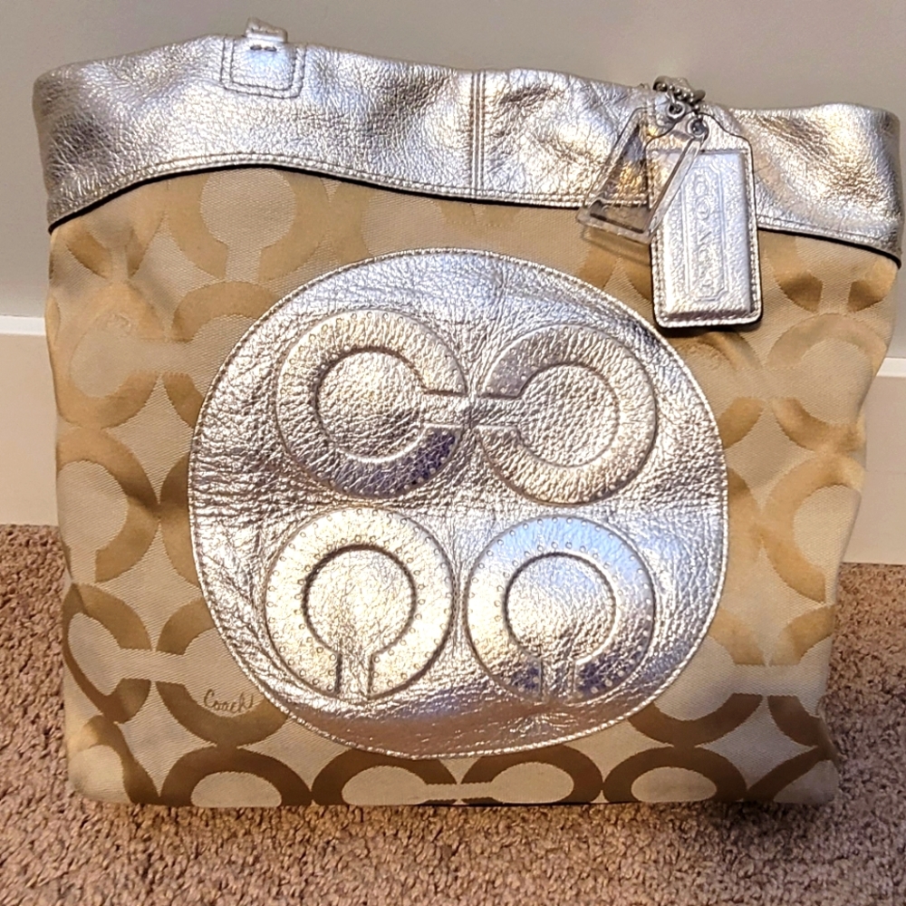 Coach Bag (NWT) Julia Op Art Signature Khaki Gold Leather Shoulder Bag